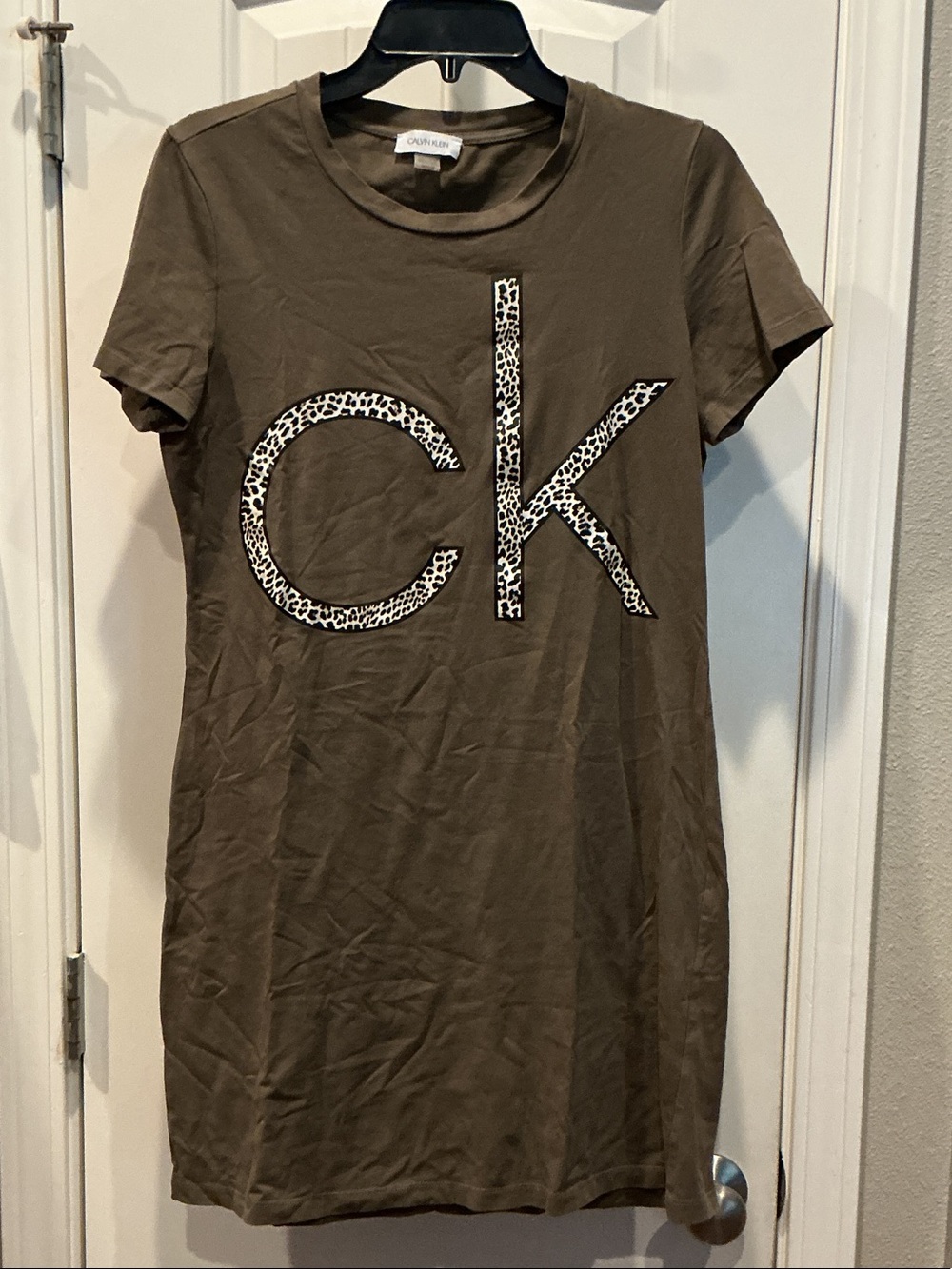 Calvin Klein Olive Green Tee Dress with Leopard CK Logo